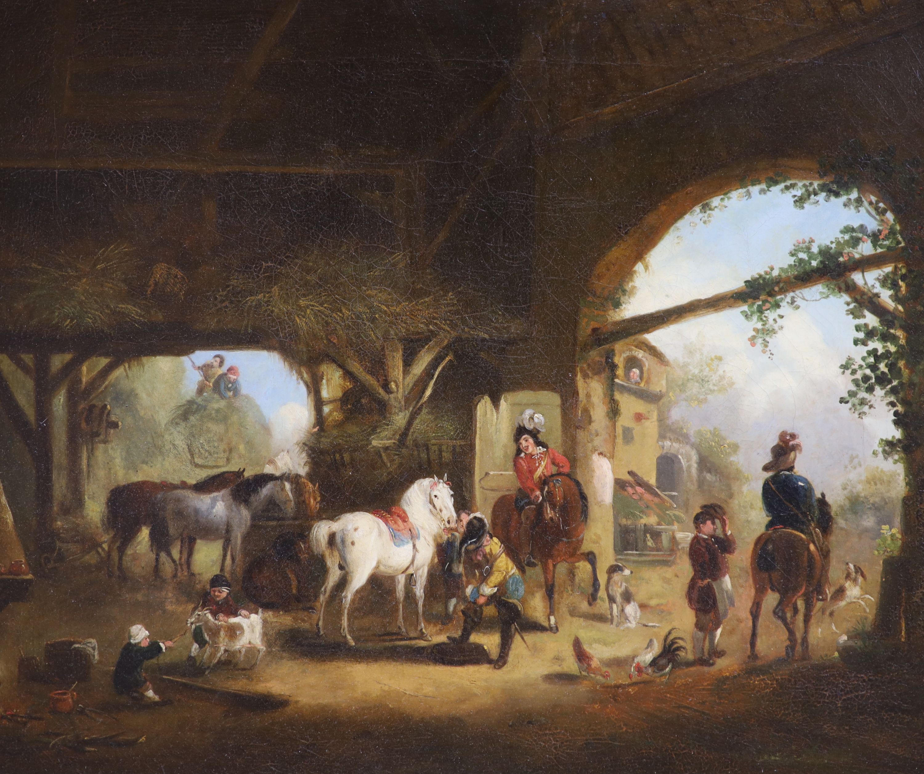 After Wouwermans, oil on canvas, Hawking party in a stables, 50 x 60cm